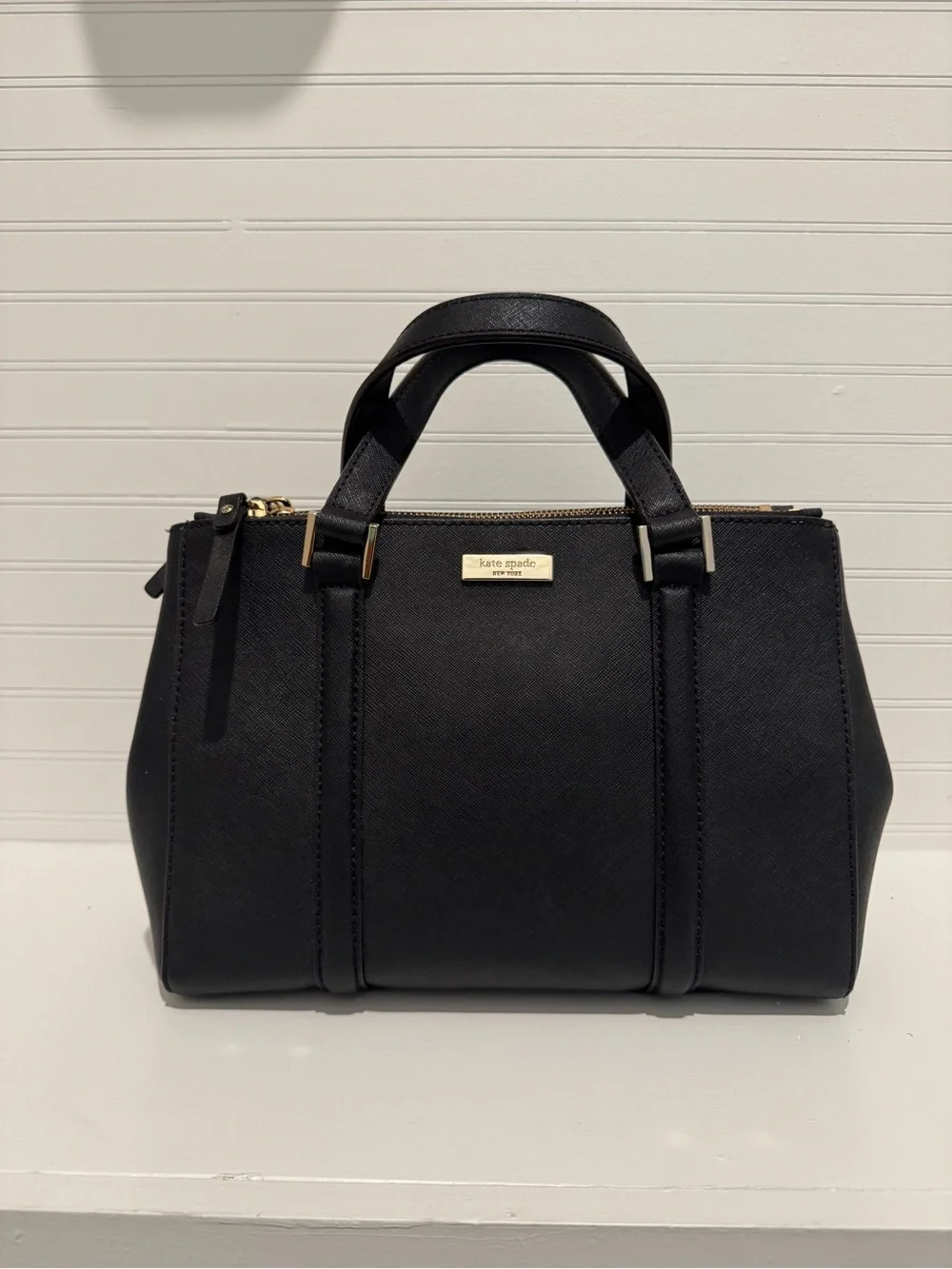 Kate Spade Black Leather Structured Satchel with Gold Hardware